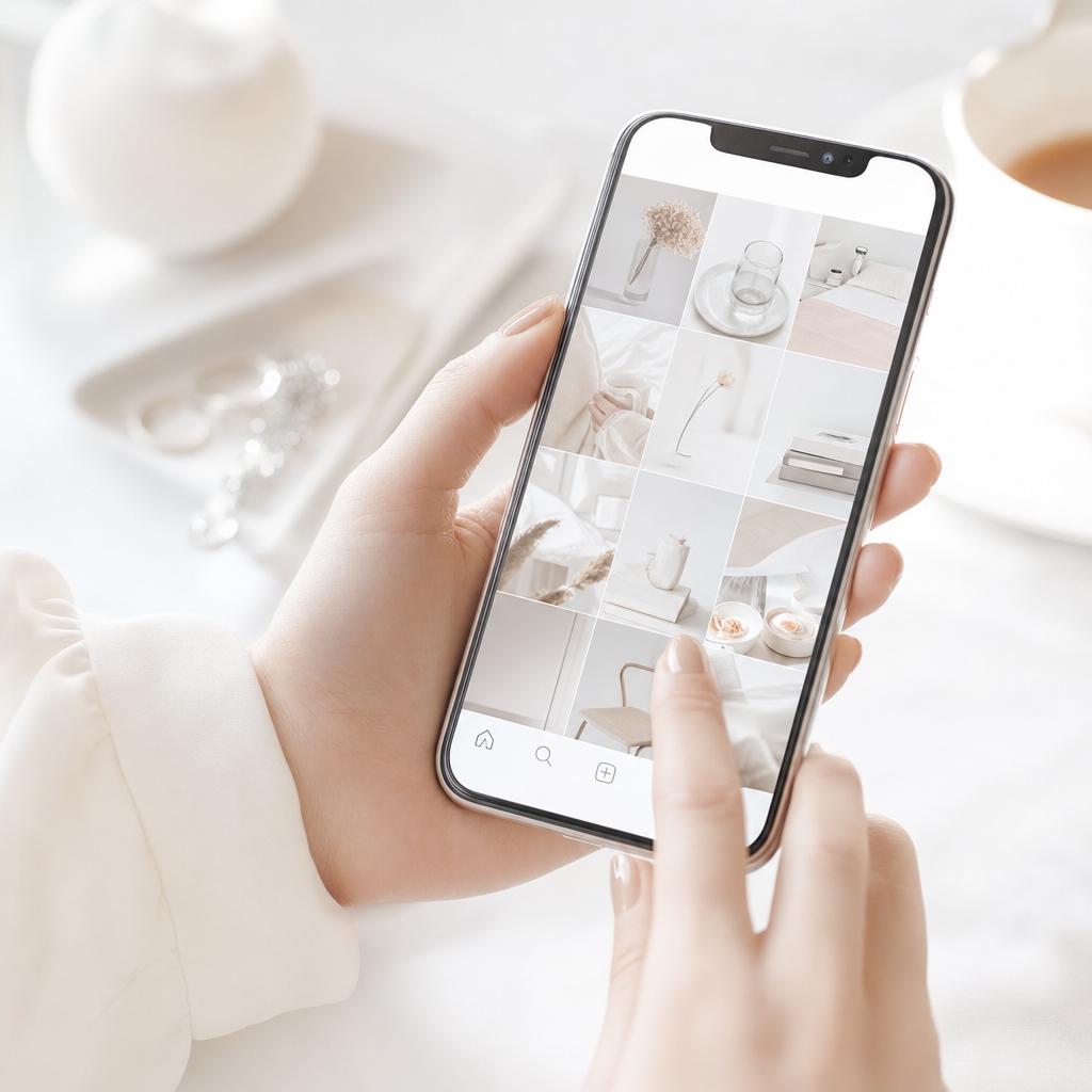 スマートフォンで写真アプリを眺めている手元
