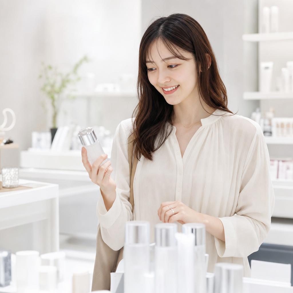 白を基調にした店内で商品を手に取る女性